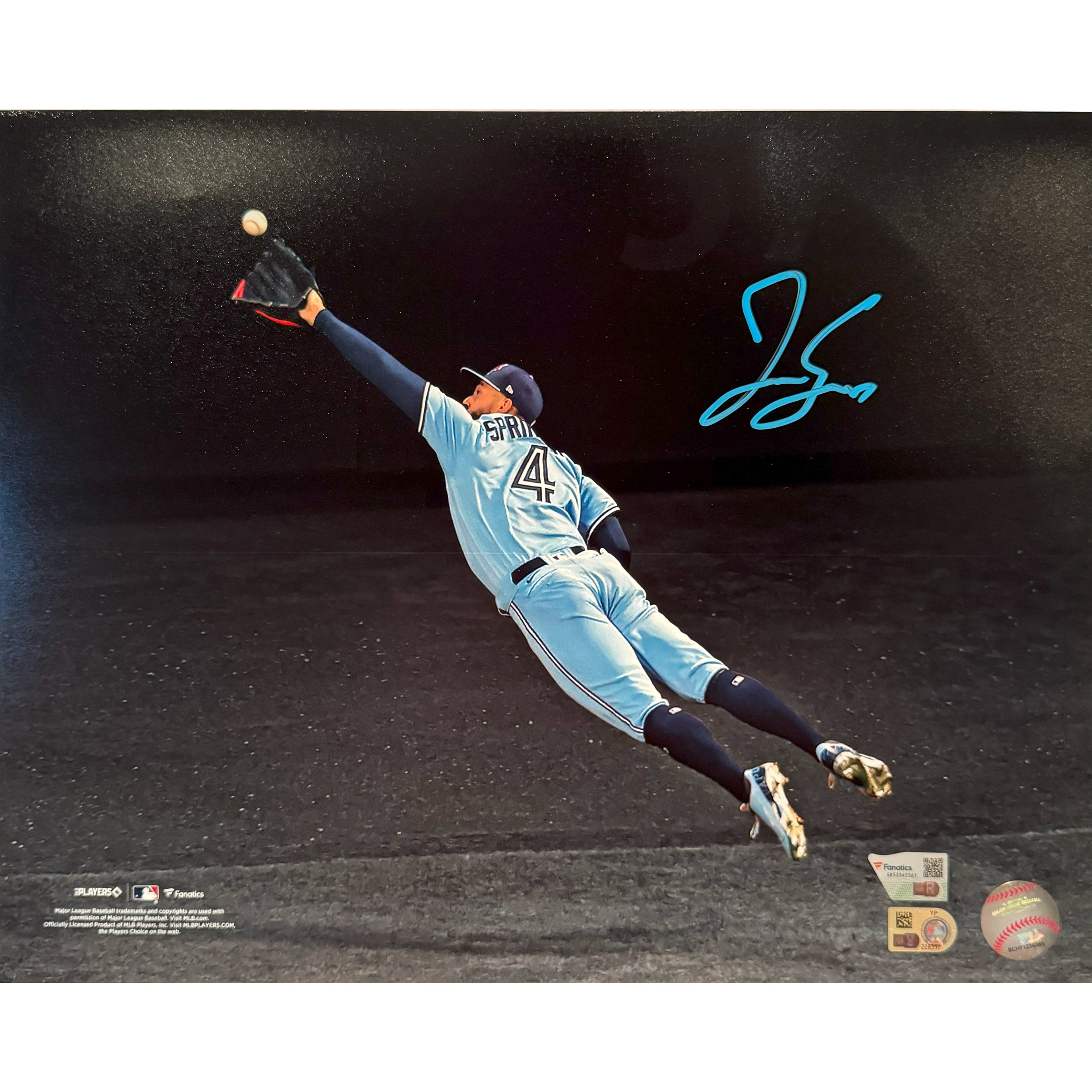 George Springer Autographed Toronto Blue Jays Spotlight Diving Catch 11x14 Photo - - Autographed 8x10 Photos - TS Sports Memorabilia - I Love BJs