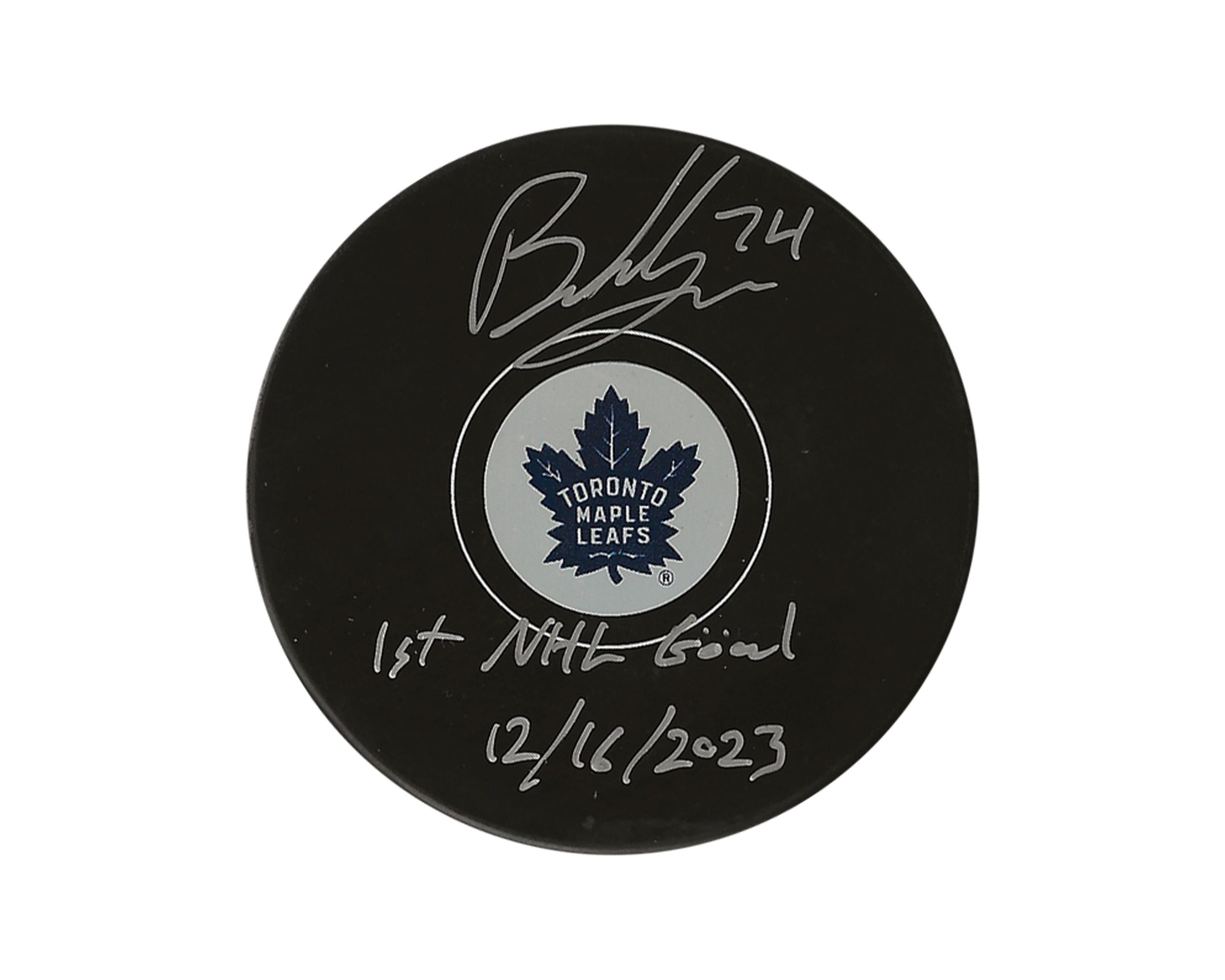 Bobby McMann Autographed Toronto Maple Leafs Autograph Model Puck Inscribed "1st NHL Goal 12/16/2023" - - Autographed Pucks - TS Sports Memorabilia - I Love BJs