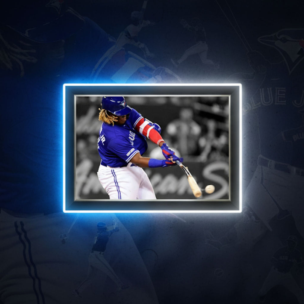 Vladimir Guerrero Jr. "Bat Breaking Hit" Framed Canvas - 33.5" x 23.5" - - Framed Canvas Print - Autograph Authentic - I Love BJs