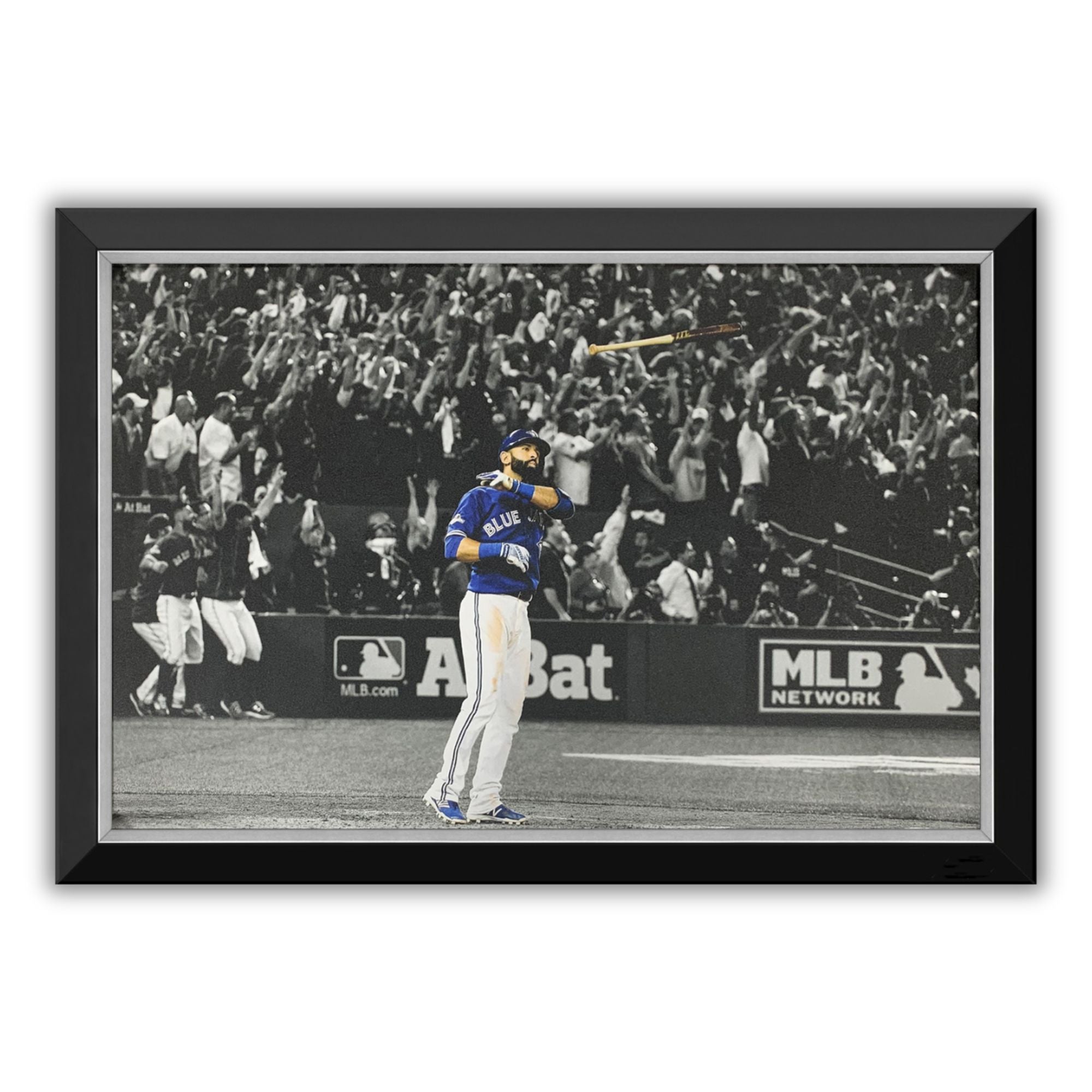 JOSE BAUTISTA ICONIC BAT FLIP FRAMED CANVAS - TORONTO BLUE JAYS (33.5" BY 23.5") - Default Title - Framed Canvas Print - Autograph Authentic - I Love BJs