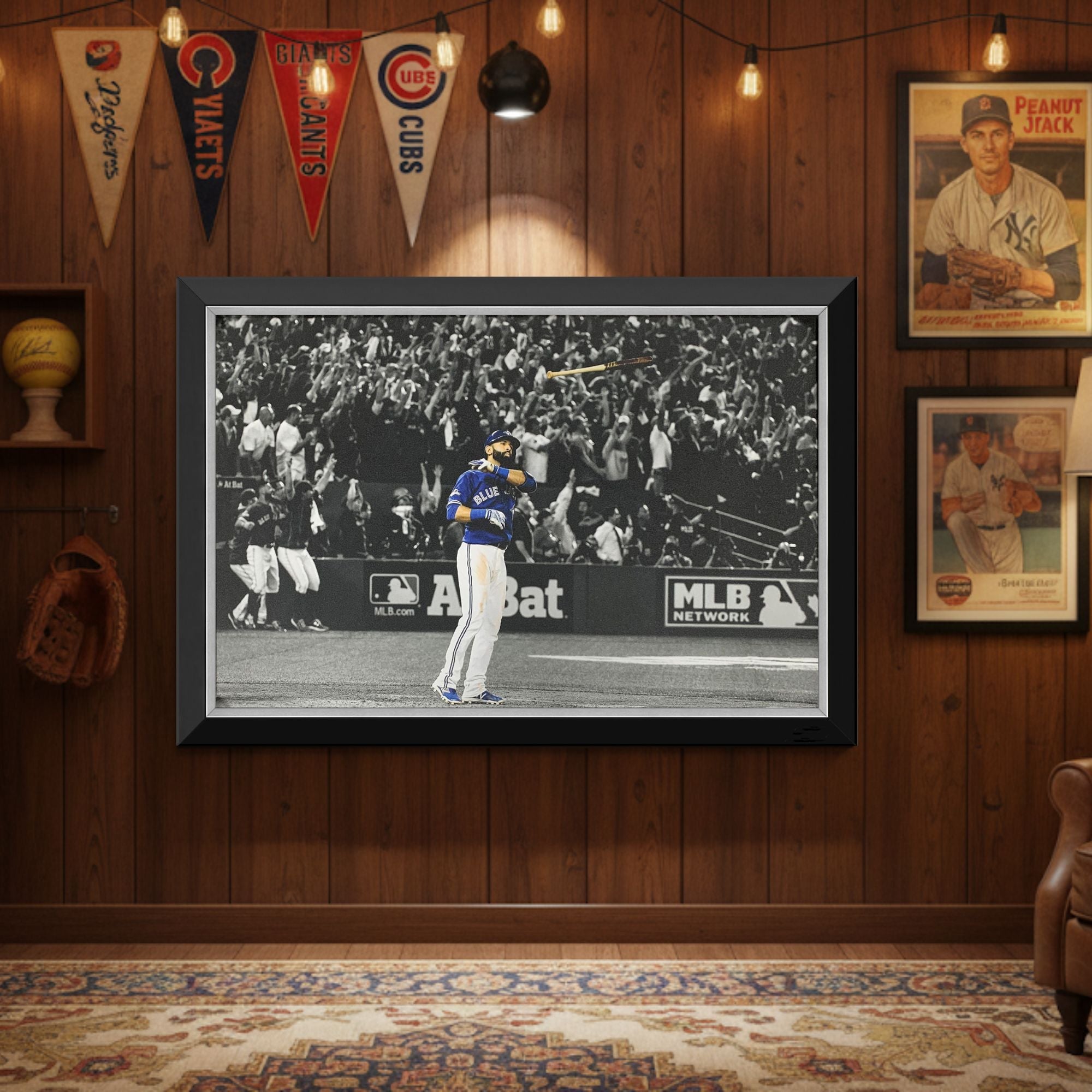 JOSE BAUTISTA ICONIC BAT FLIP FRAMED CANVAS - TORONTO BLUE JAYS (33.5" BY 23.5") - - Framed Canvas Print - Autograph Authentic - I Love BJs