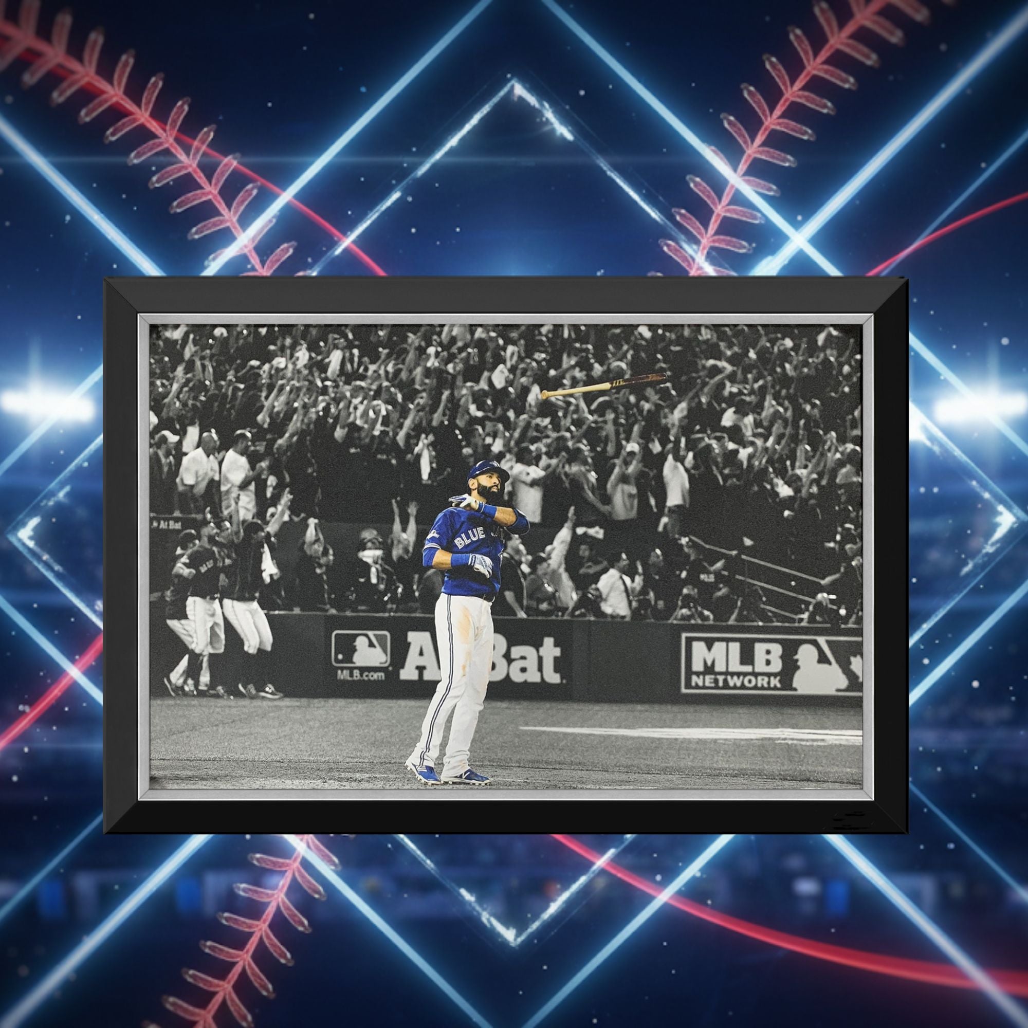 JOSE BAUTISTA ICONIC BAT FLIP FRAMED CANVAS - TORONTO BLUE JAYS (33.5" BY 23.5") - - Framed Canvas Print - Autograph Authentic - I Love BJs