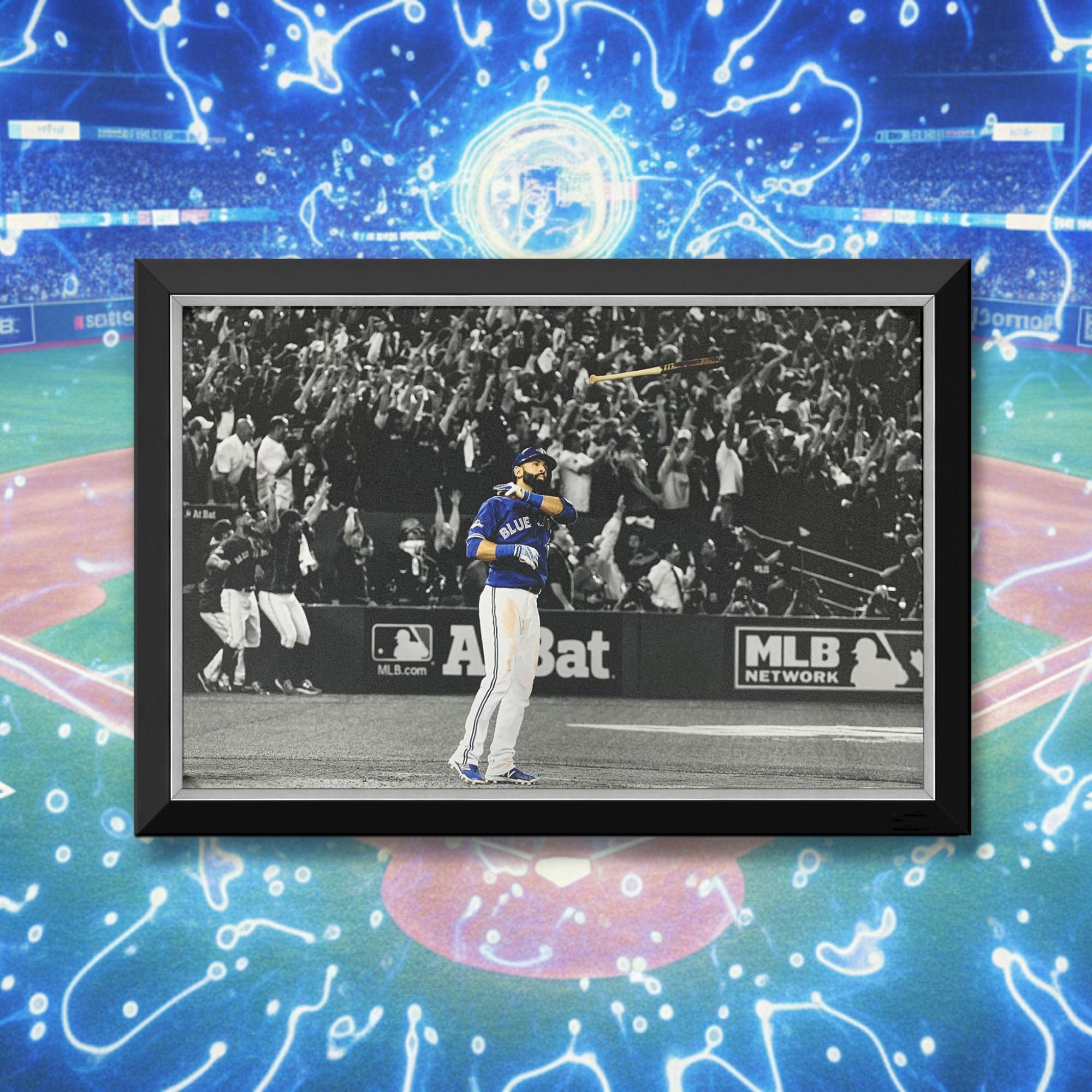 JOSE BAUTISTA ICONIC BAT FLIP FRAMED CANVAS - TORONTO BLUE JAYS (33.5" BY 23.5") - - Framed Canvas Print - Autograph Authentic - I Love BJs