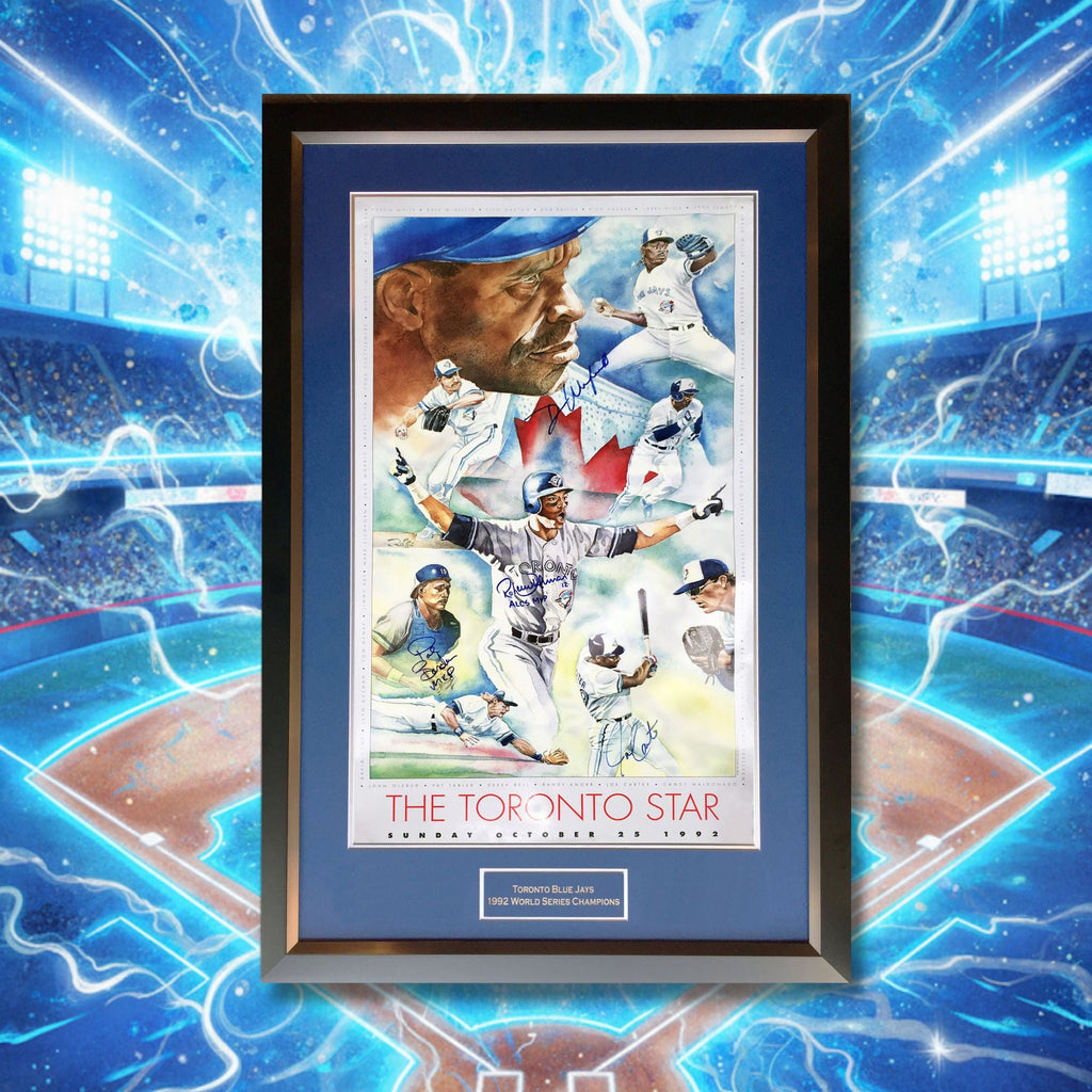 CARTER, BORDERS, ALOMAR, WINFIELD, SIGNED - BLUE JAYS 1992 WORLD SERIES 41"X28" - - Framed Poster - Autograph Authentic - I Love BJs