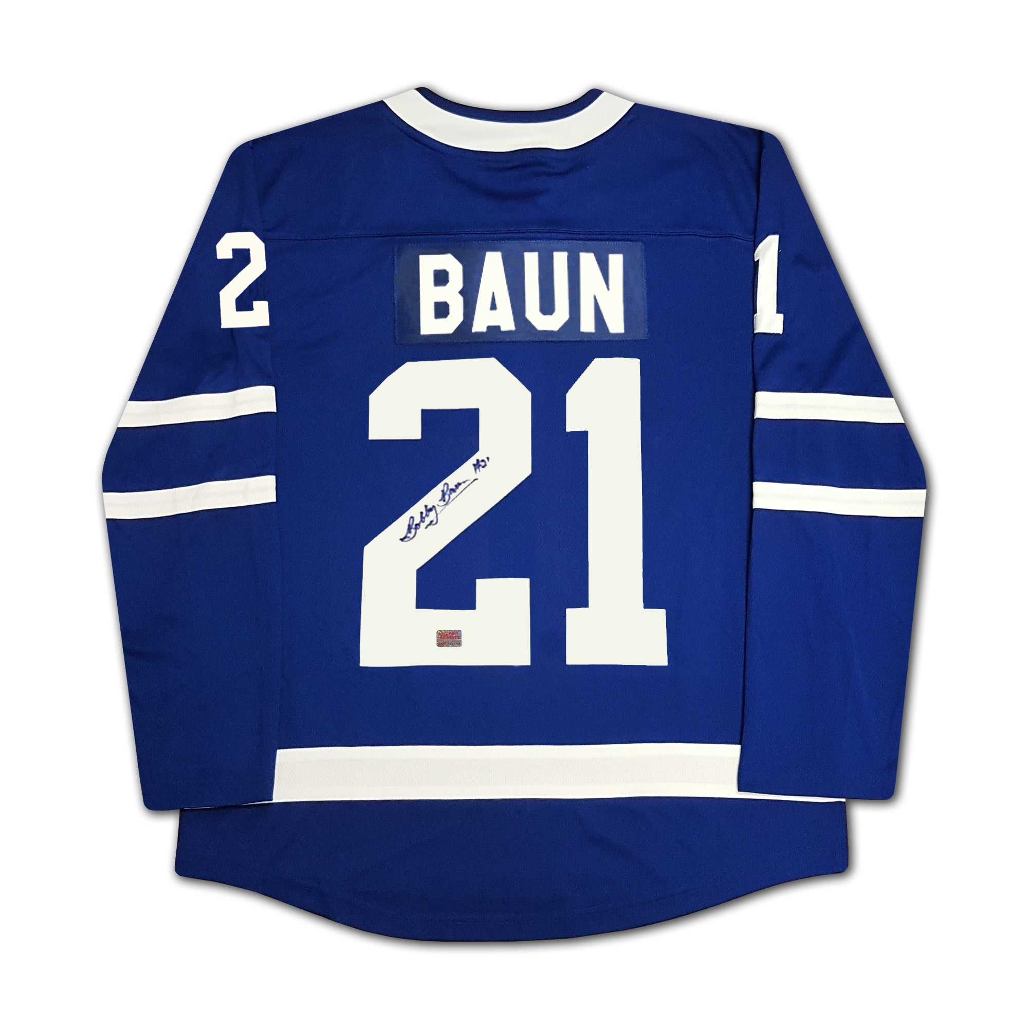 BOBBY BAUN AUTOGRAPHED BLUE TORONTO MAPLE LEAFS JERSEY - - Autographed Jersey - Autograph Authentic - I Love BJs